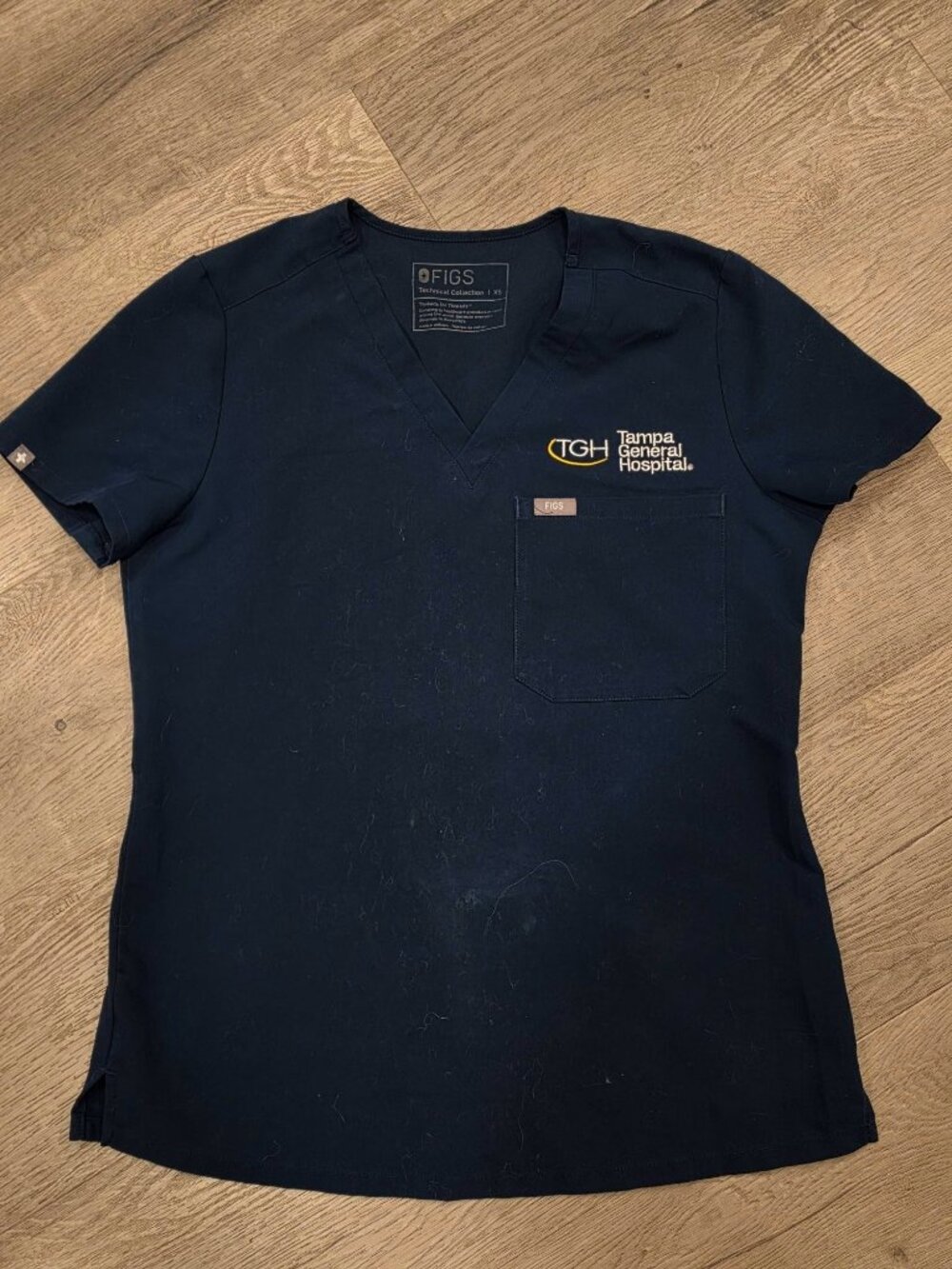 Figs Technical Collection Navy Blue XS Scrub Top Tampa General Hospital Logo